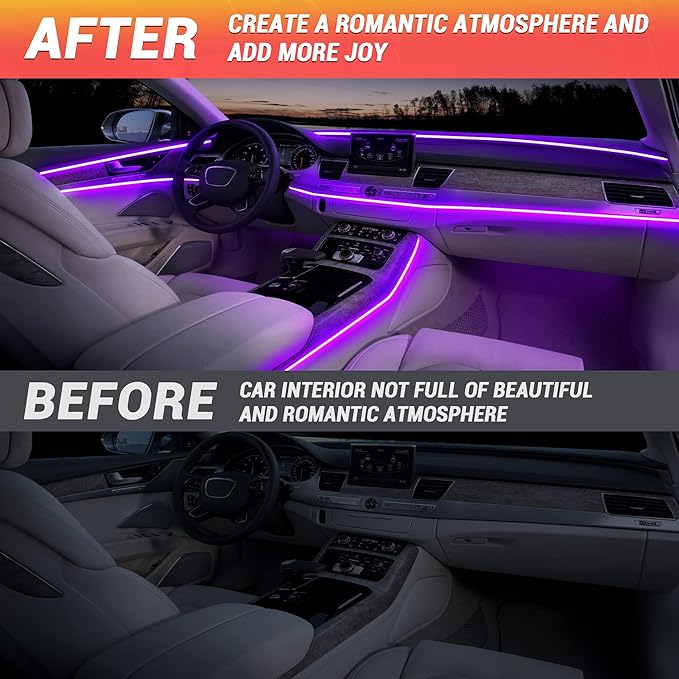 Interior Car LED Strip Lights 400 inches Fiber Optic tubing USB Powered RGB 8 in 1 Car Neon with Wireless APP and Remote Control, Ambient Lighting Kits 16 Million Colors,Sync to Music
