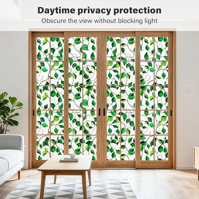 Donox Window Privacy Film, Decorative Frosted Static Cling Window Tint for Privacy, Home Decor Bathroom Door & Car Sticker, Adhesive-Free, Removable, UV Protection(Green Foliage, 17.5 x 157.4 inches