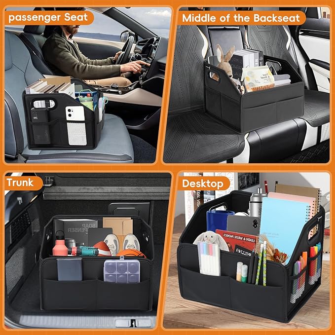 Car Storage Organizer Reinforced Dividable Leather Car Caddy Basket for Front Seat Floor Back Sturdy Frosted Handle 8 Compartments