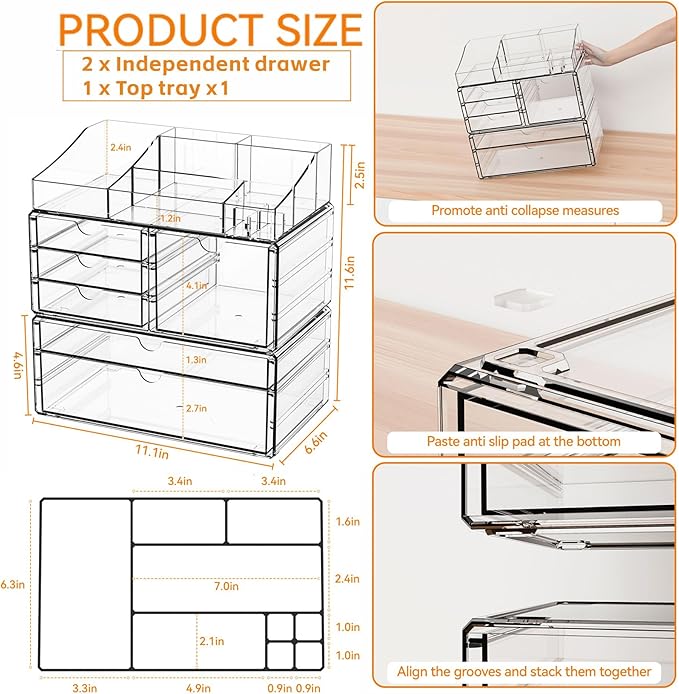 Yieach Acrylic Make up Organizers for Counter,Desk and Vanity,3 Pack Stackable Bathroom Counter Organizer with Drawers,Large 
