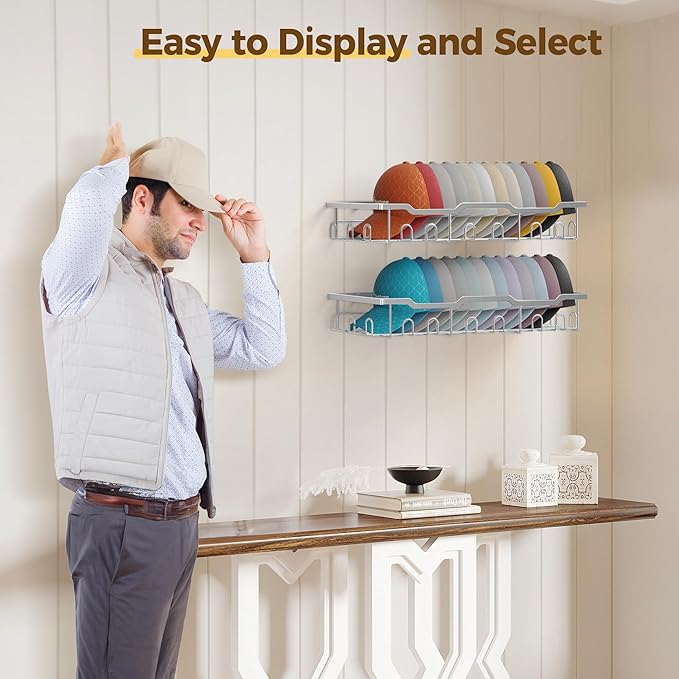 Nicetree Hat Racks for Baseball Caps Wall - Metal Hat Organizer for 48 Baseball Caps Holder, 2 Pack Hat Storage Organizer for