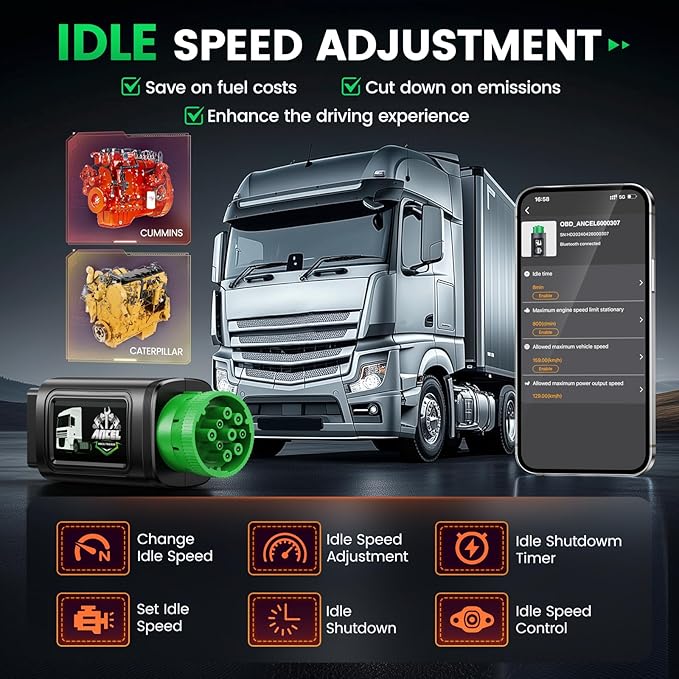ANCEL HD200 Bluetooth Heavy Duty Truck Scanner, Speed Limit and Idle Reset for Cummins & Caterpillar Engines, J1939/J1708