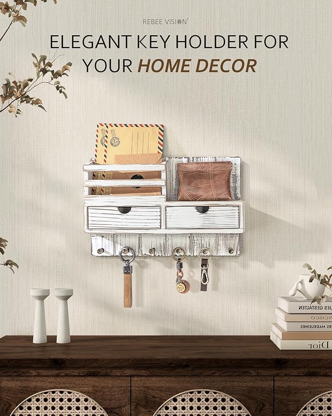 Rebee Vision Farmhouse Key Holder Wall Mount for Home Decor – Key and Mail Holder for Wall with 2 Drawer Organizer, 6 Key Hoo