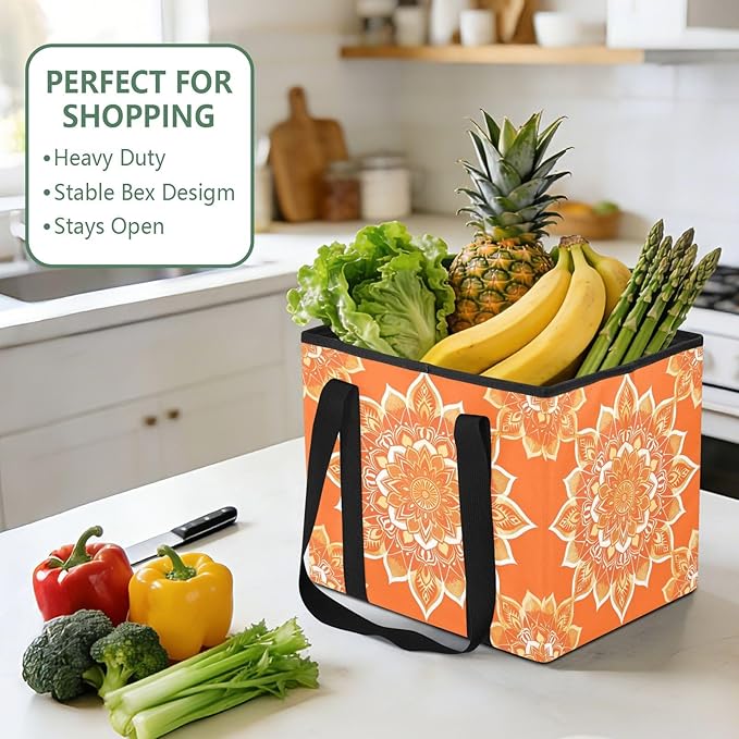 Orange Mandala Reusable Grocery Bags Large Shopping Tote Bag with Reinforced Bottom Board, Water Resistant Foldable Storage B