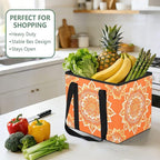 Orange Mandala Reusable Grocery Bags Large Shopping Tote Bag with Reinforced Bottom Board, Water Resistant Foldable Storage B