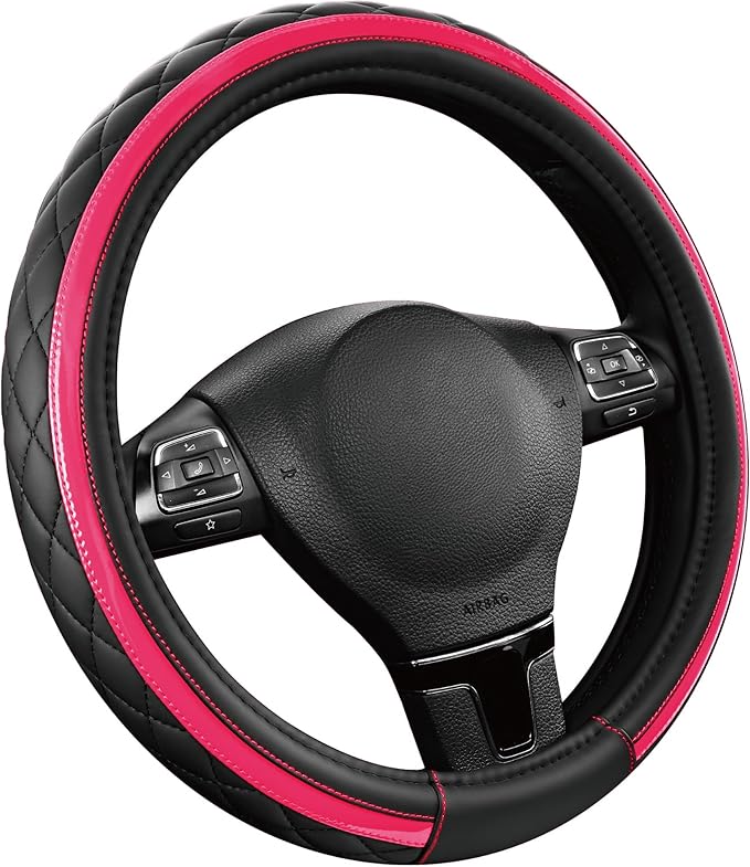 Road Comforts Leather Steering Wheel Cover – Black & Hot Pink, Universal Fit 14.5-15 Inch, Microfiber Leather, Anti-Slip & Br