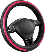 Road Comforts Leather Steering Wheel Cover – Black & Hot Pink, Universal Fit 14.5-15 Inch, Microfiber Leather, Anti-Slip & Br
