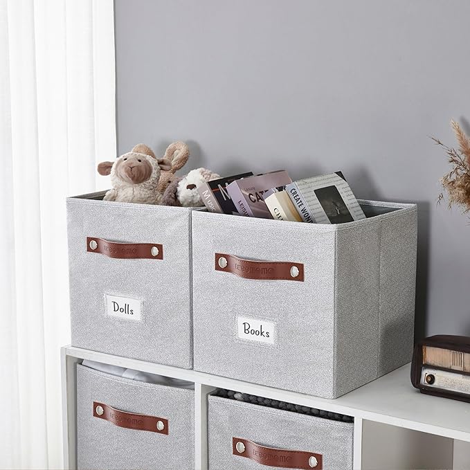 DECOMOMO Storage Bins, Cube Storage Bin with Labels, Fabric Storage Cubes for Shelves (11" / 6pcs, Light Texture Grey)