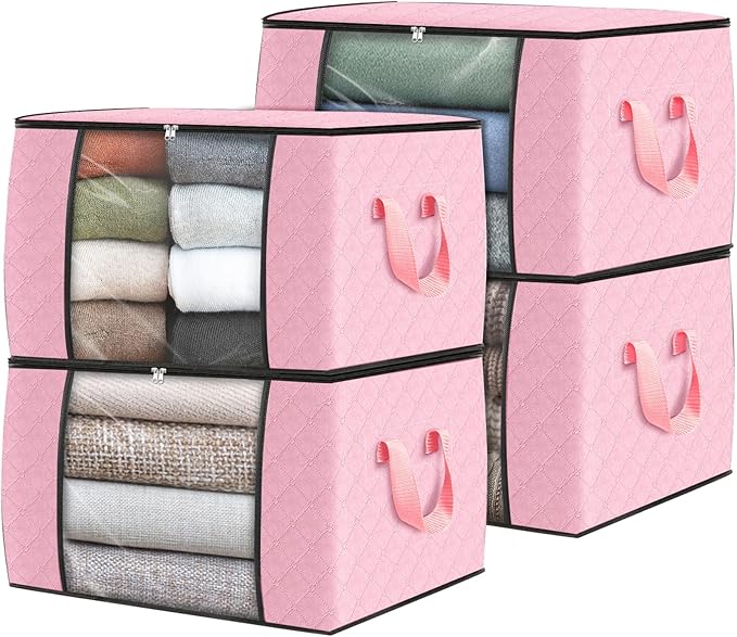 Fab totes 4 Pack Clothes Storage, Foldable Thick Fabric Blanket Storage Bags, Containers for Organizing Bedroom, Closet, Clot