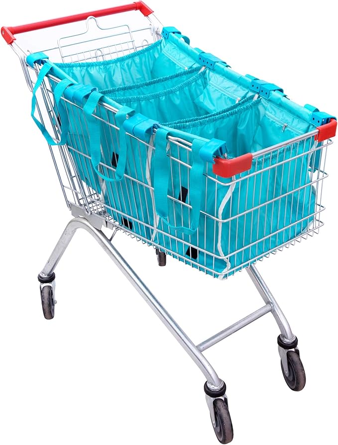 Handy Sandy 3-Pack Reusable Grocery Cart Bags – Foldable Shopping Organizers with Universal Cart Clips, PE Board Base