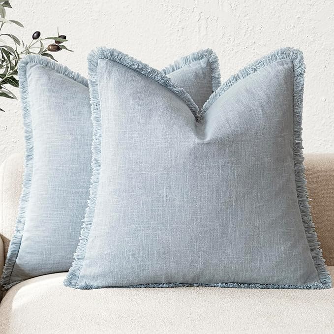 Foindtower Set of 2 Decorative Linen Fringe Throw Pillow Covers Cozy Boho Farmhouse Cushion Cover with Tassels Soft Accent Pi