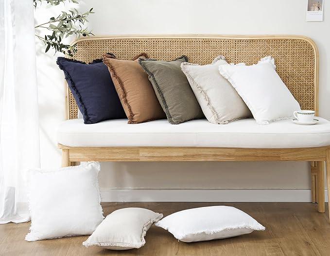 Foindtower Set of 2 Decorative Linen Fringe Throw Pillow Covers Cozy Boho Farmhouse Cushion Cover with Tassels Soft Accent Pi