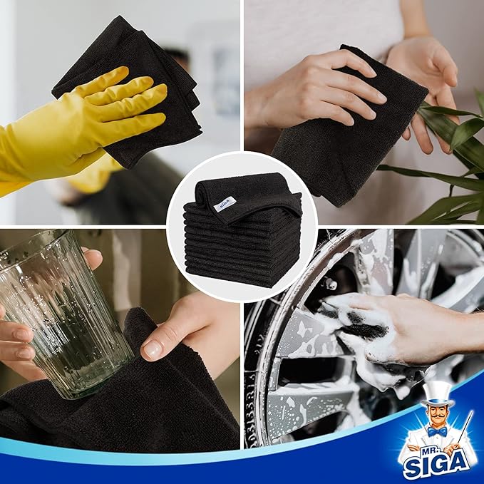 MR.SIGA Microfiber Cleaning Cloth, All-Purpose Microfiber Towels, Streak Free Cleaning Rags, Pack of 12, Black, Size 32 x 32 