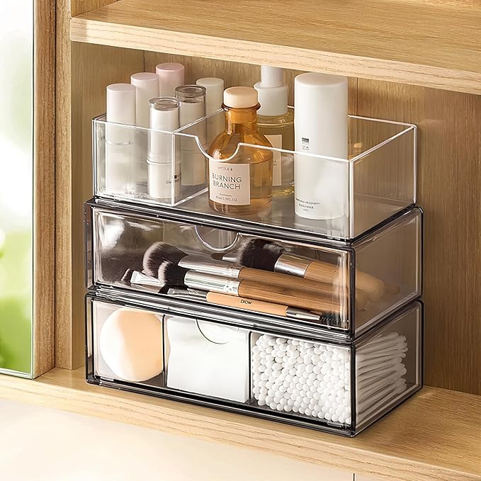 PAVSTINE Medicine Cabinet Organizer 3 Pack, Plastic Stackable Storage with 2 Drawers, Bathroom Mirror Cabinet Organizer with 