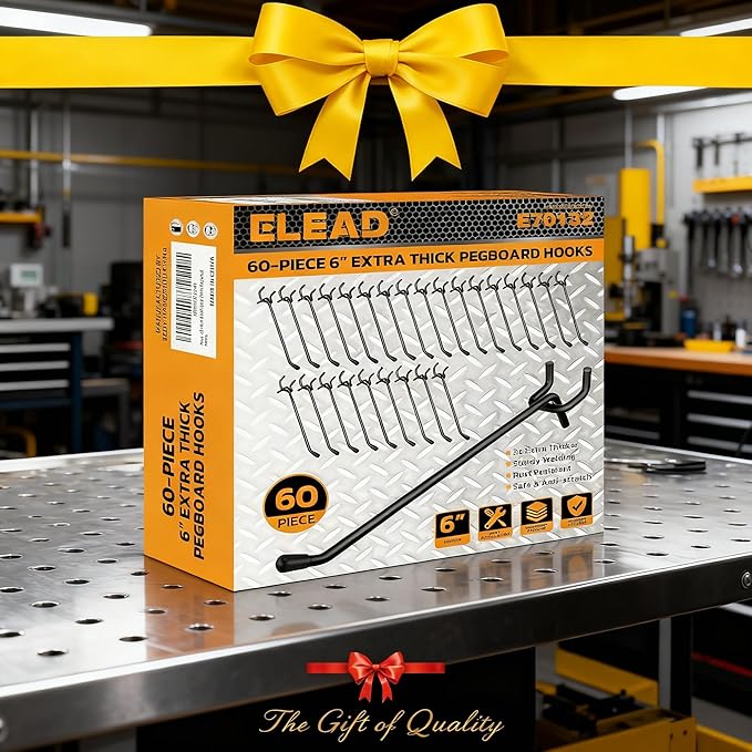 ELEAD 60-Piece 6 Inch Extra Thick Pegboard Hooks, Heavy Duty Peg Board Organizer Accessories, Peg Board Tool Hangers Fit for 