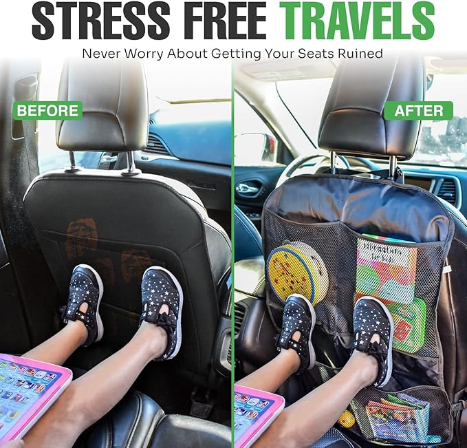 lebogner Back Seat Cover for Kids + 4 Pocket Storage Organizer, 2 Pack X-Large Waterproof Kick Mats Backseat Protector, Car S