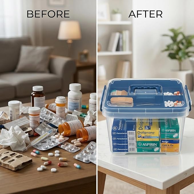 Pulseplay Clear Medicine Organizer Box with Handle Medicine Cabinet Organizer with Removable Tray First Aid Box Empty for Hom