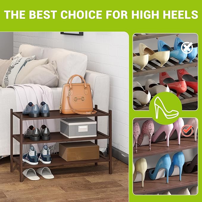 BMOSU 3-Tier Bamboo Shoe Rack Premium Stackable Shoe Shelf Storage Organizer for Hallway Closet Living Room Entryway Organize