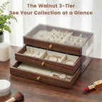 Wooden Jewelry Box for Women, 3-Layer Jewelry Organizers and Storage with 3 Drawers & Velvet Trays, Large Earring Holder, Nec