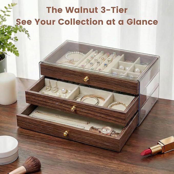 Wooden Jewelry Box for Women, 3-Layer Jewelry Organizers and Storage with 3 Drawers & Velvet Trays, Large Earring Holder, Nec