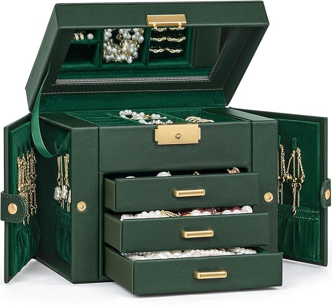 TORIBIO Jewelry Box for Women, Leather Jewelry Organizer with Mirror & Lock, 4-Tier Jewelry Storage Organizer with 3 Drawers 
