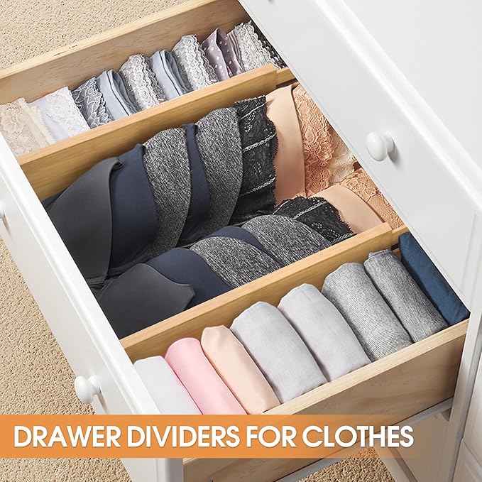 Bamboo Drawer Dividers Organizers, Kitchen Drawer Organizer, Adjustable Drawer Divider for Clothes, Kitchen, Dresser, Bedroom