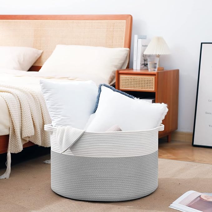 MEGASKET XXXL Large Cotton Rope Storage Bin, 22" X 14" Basket for Blankets Living Room, Woven Baby Kids Toy Storage Bin Box, 
