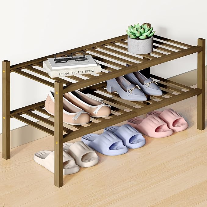 Smiry Bamboo Shoe Rack for Closet, 2 Tier Wooden Stackable Shoe Organizer, Free Standing Shoes Storage Shelf for Entryway, Fr