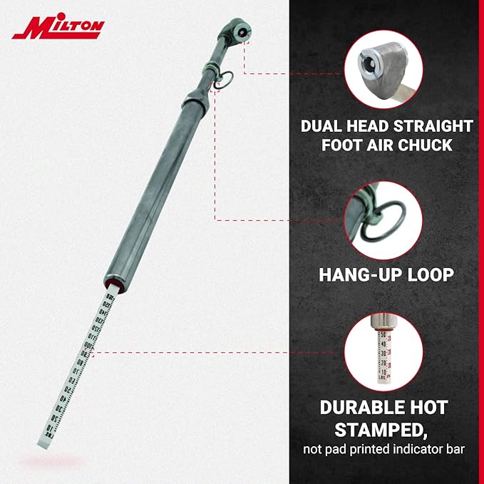 Milton S-976 Dual Head Chuck Tire Pressure Service Gauge, Plated Brass Tube, 12 3/4” 1-160 PSI