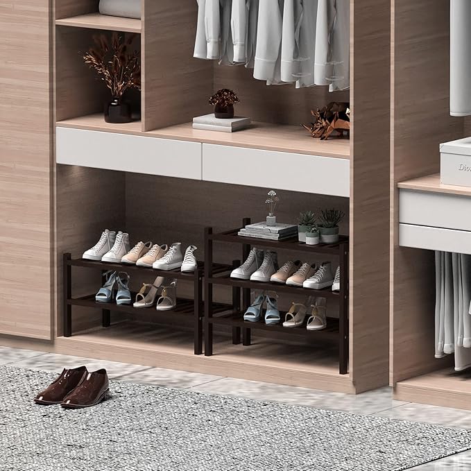 ROMGUAR CRAFT 2 Tier (Thick) Bamboo Shoe Rack for Closet Free Standing Wood Shoe Shelf for Entryway Small Space Stackable 27"