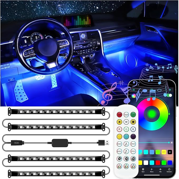 LivTee Smart Car Interior Lights, RGB LED Accent Lights with App Control, DIY Mode, Music Mode, 2-Line Design, Car Accessories for Women