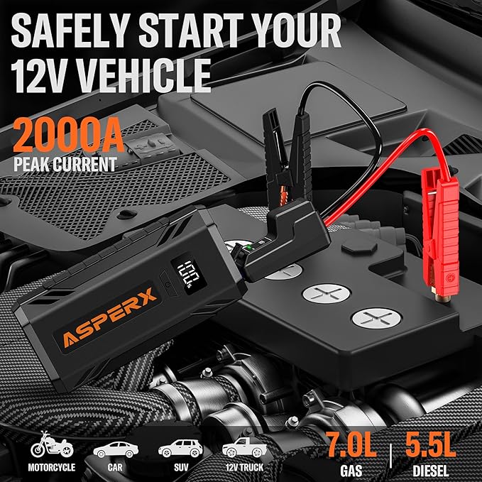 ASPERX Car Jump Starter, 2000A Peak Battery Jump Starter for Up to 7.0L Gas or 5.5L Diesel Engine, 12V Portable Battery