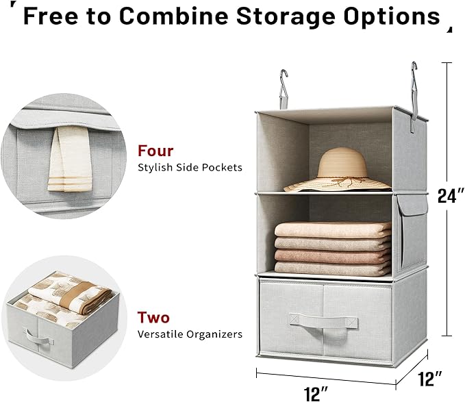 Vailando 3-Shelf Hanging Closet Organizer, Set of 2 Hanging Shelves with 2 Drawers for Wardrobe, Nursery, Baby Clothes Storag