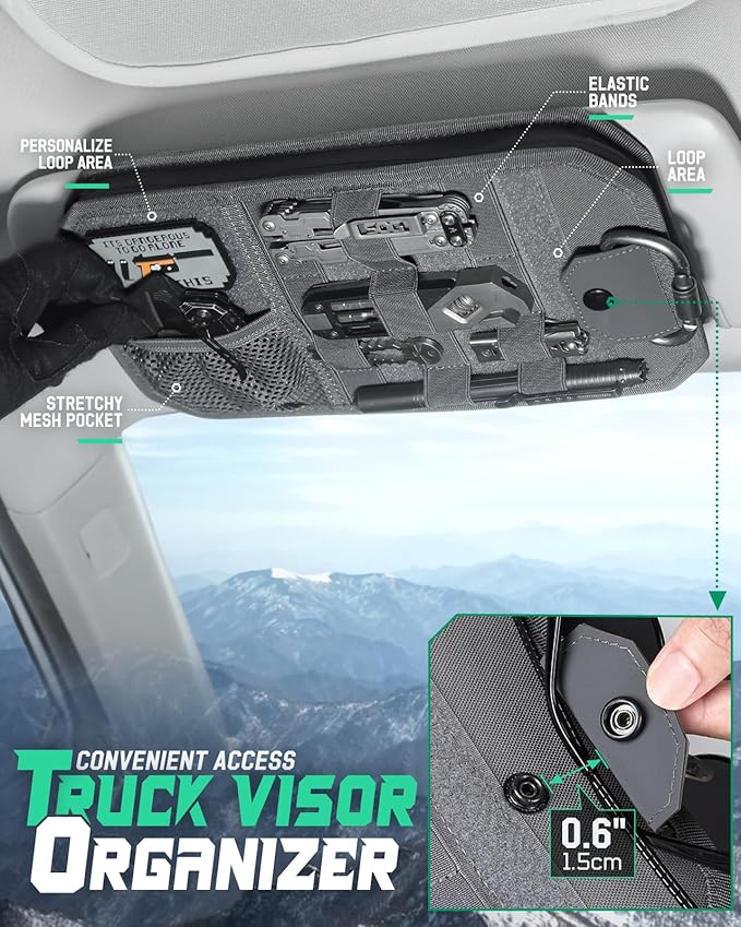 LIVANS Tactical Car Sun Visor Organizer, Automotive Semi-Rigid MOLLE Panel with Zipper Storage Pouch & Glasses Clip, Universal Fit for Trucks, SUVs, Jeeps & Patrol Vehicles (Gray)
