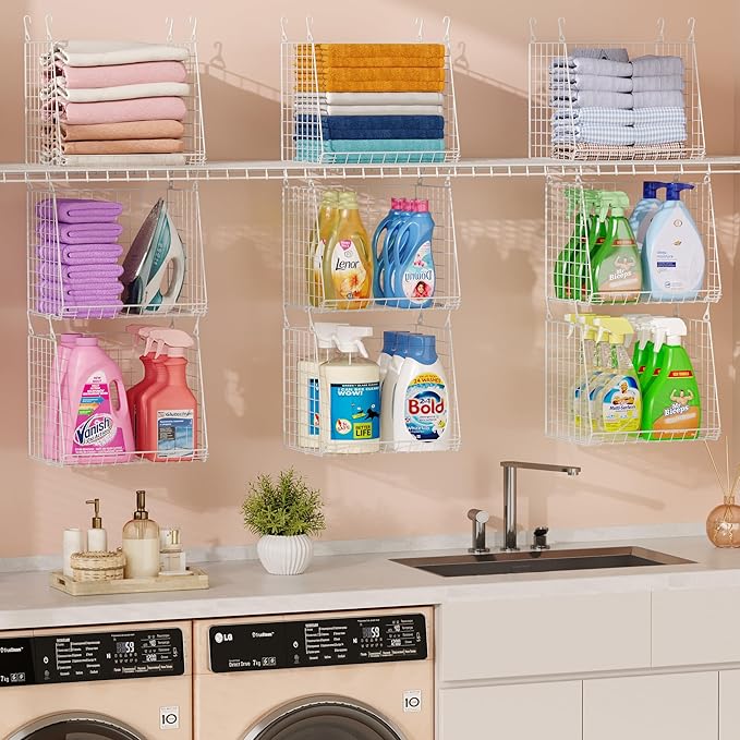 3-Pack Extra-Tall 13.6'' Hanging Laundry Basket Organizer, Foldable Wire Shelf with 360° Rotating Hooks & Reinforced Height -