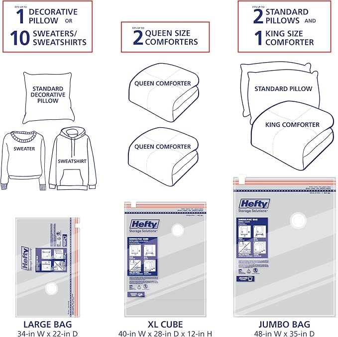 Hefty Shrink-Pak Starter Kit - 2 Large, 1 XL Cube, 1 Jumbo Vacuum Seal Storage Bag and Hand Pump – Space Saver Bags for Cloth