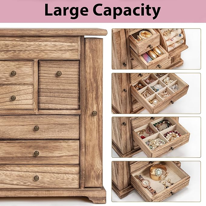 Jewelry Box for Women, Rustic Wooden Jewelry Boxes & Organizers with Mirror & Drawers,6 Layer Jewelry Organizer Box for Rings