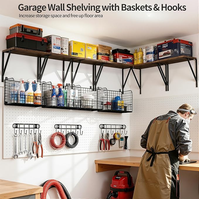 Housolution Garage Shelving Wall Mounted, Heavy-Duty Garage Wall Shelving with Baskets & Hooks Supports up to 154 LBS in Tota