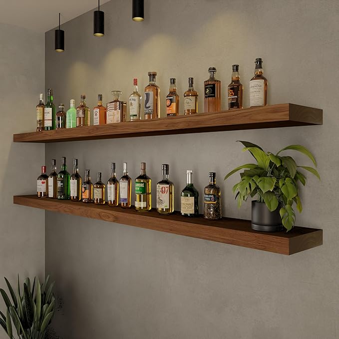 ROGMARS 72 Inches Long Walnut Floating Shelves,Rustic Solid Wood Farmhouse Wall Shelves with Invisible Brackets for Bathroom,