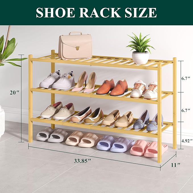 Smiry Bamboo Shoe Rack for Closet, 3 Tier Long Wooden Stackable Shoe Organizer, Free Standing Shoes Storage Shelf for Entrywa