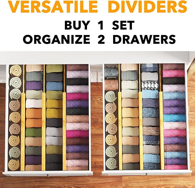 SpaceAid Bamboo Dresser Drawer Dividers 6 Pack, 4.65“ High Adjustable 17“-22” Drawer Organizers, Expandable Organization for 