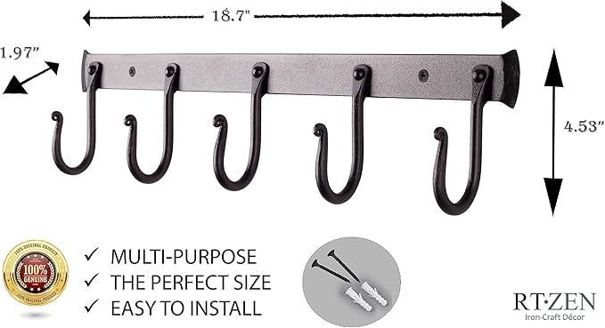RTZEN Wall Mount Hook Set - Wrought Iron Decorative Rustic Metal Coat Hooks for Hanging - Handcrafted Classic Farmhouse Wall 