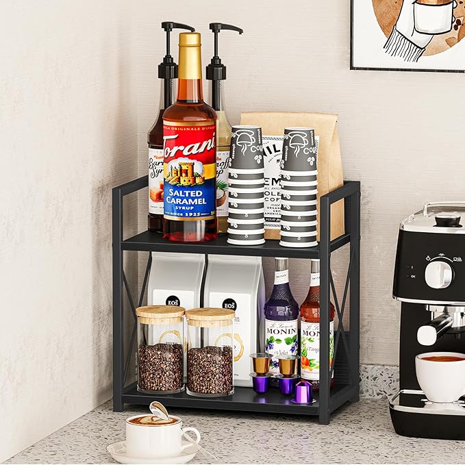 Giikin Countertop Organizer, 2 Tier Coffee Station Organizer for Desktop, Wood Counter Shelf Spice Rack for Kitchen (Black, M