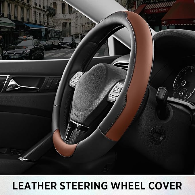 Road Comforts Steering Wheel Cover, Breathable Anti-Slip Leather Steering Wheel Cover, Universal Fit 14.5–15 Inch, Comfortabl