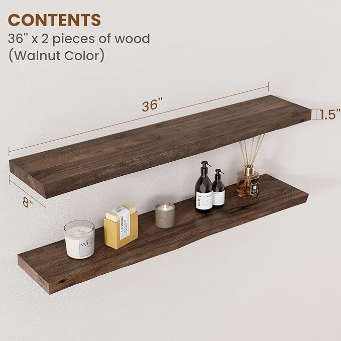 Floating Shelves for Wall Decor, Rustic Solid Elm Wood Live Edge Floating Shelves Wall Mounted, Wall Shelves with Invisible B