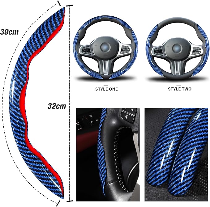 Car Steering Wheel Cover Set Bright Carbon Fiber Wrap Non-Slip 3pcs Steering Wheel Accessories 14.5-15 inch Universal (Blue)