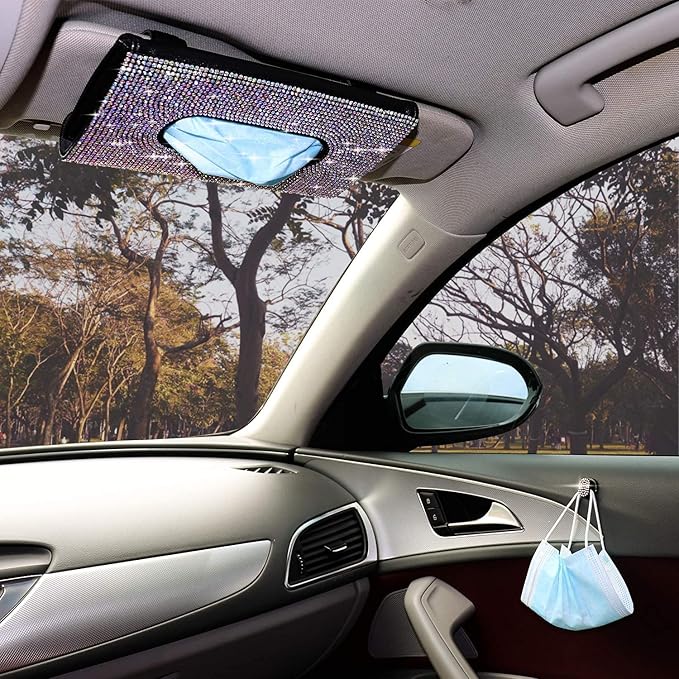 Car Sun Visor Mask Box Holder Leather Sparkling Bling Bling Multicolor Crystals Mask Cover Case & Glitter Mask Hook Clip for Women（AB Color）