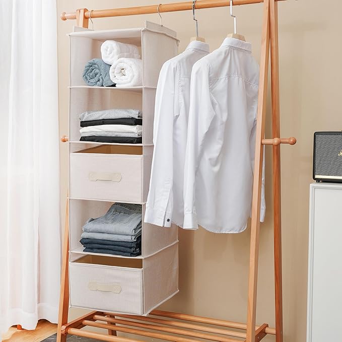 Large Hanging Sweater Organizer for Closet,Collapsible 6-Shelf Hanging Closet Shelves with Drawers, Washable (Beige -5 Shelf-