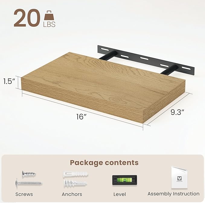 Vivelove 16 Inch Floating Shelves for Wall, 16x9 Display Shelves for Bathroom Living Room Kitchen Bedroom Office Farmhouse Ho