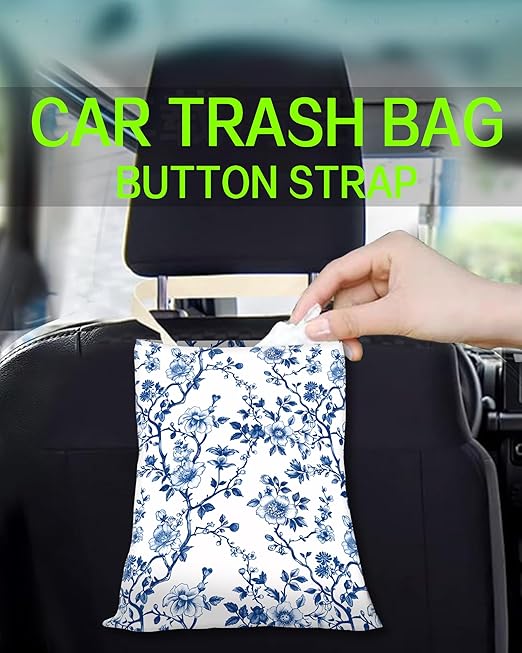 Car Trash Can, Durable Hanging Car Trash Garbage Bag, Cute Automotive Garbage Cans Organizer, Cute Blue Floral